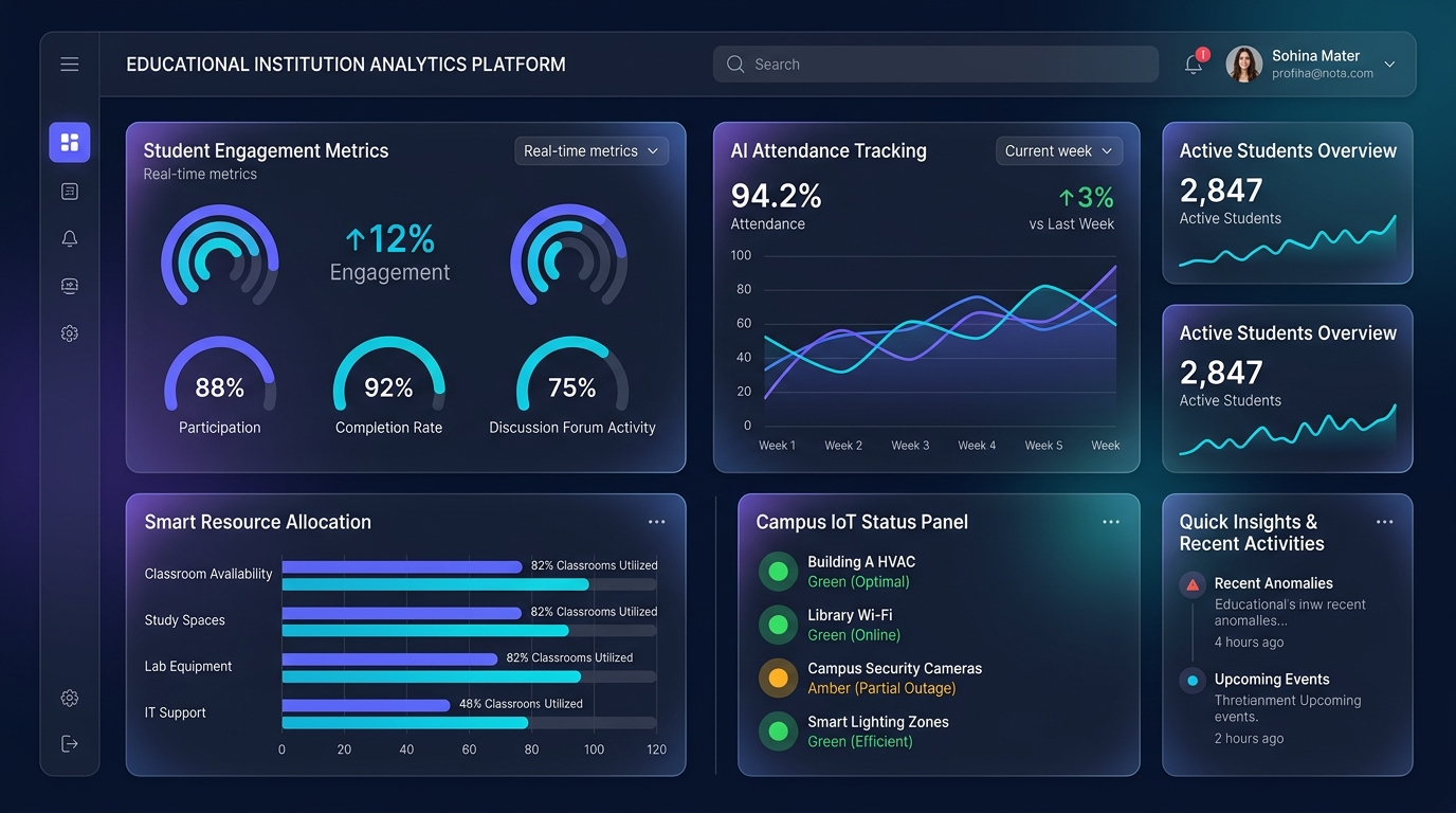 SmartCampus real-time analytics dashboard showing student engagement, AI attendance tracking, and smart resource allocation
